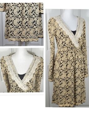 NWT A'reve Lace Floral Midi Dress Black  Cream Long Sleeves Crochet Detailing